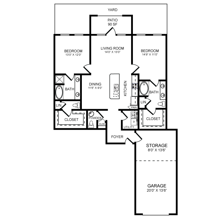 Floor plan for 2 beds, 2.5 baths, 1260 sqft